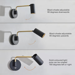 Black adjustable wall sconces with gold light poles on a white background