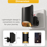 Black and gold wall-mounted light fixture with dimensions and comparison to a credit card.