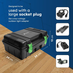 Black and green toolbox with measurements on a wooden surface and blue background