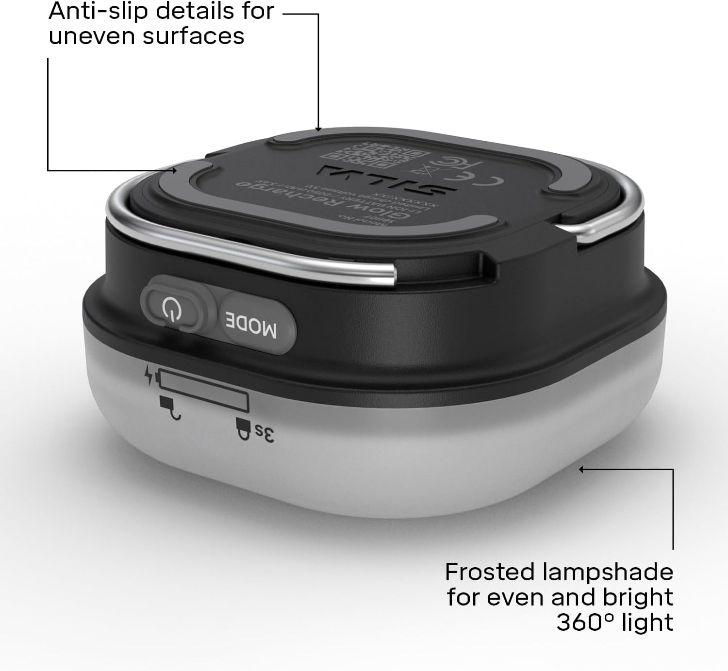Black and white portable light with labeled features on a white background