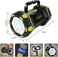 Black and yellow portable light with dimensions and usage examples on a white background