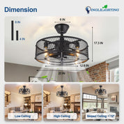 Black ceiling fan with dimensions and installation guidance on a white background