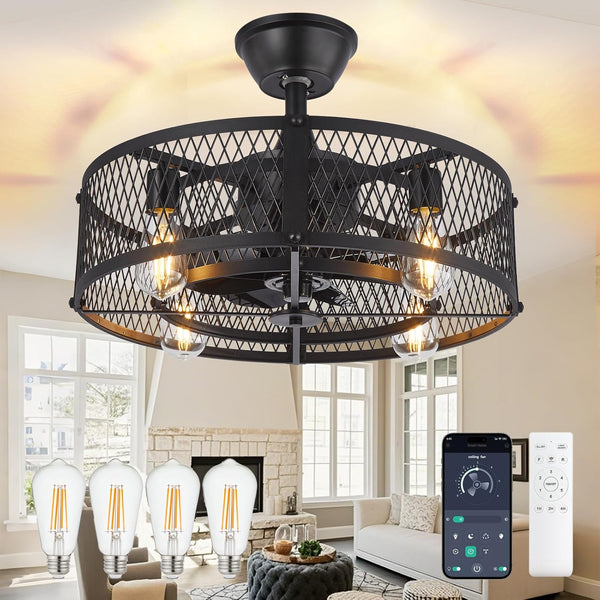 Black ceiling fan with light bulbs in a living room setting, featuring a smartphone app and remote control.