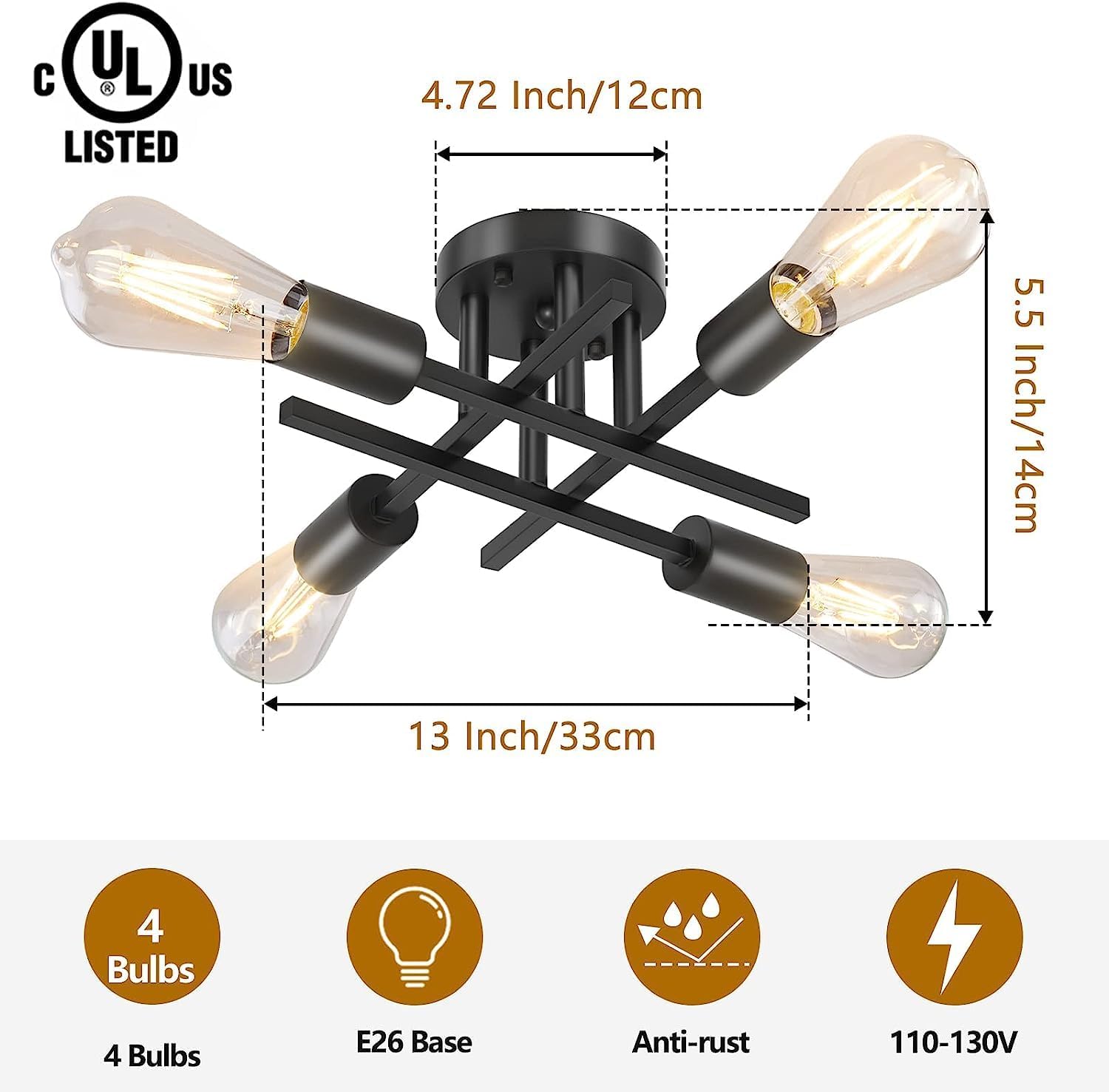 Black ceiling light fixture with dimensions and features listed on a white background