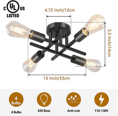 Black ceiling light fixture with dimensions and features listed on a white background