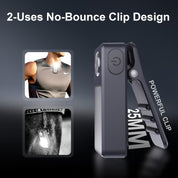 Black clip with LED light feature, showing usage on a shirt and keychain.