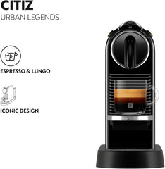 Black coffee machine with espresso text on a white background