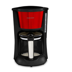 Black coffee maker with a red water tank on a white background