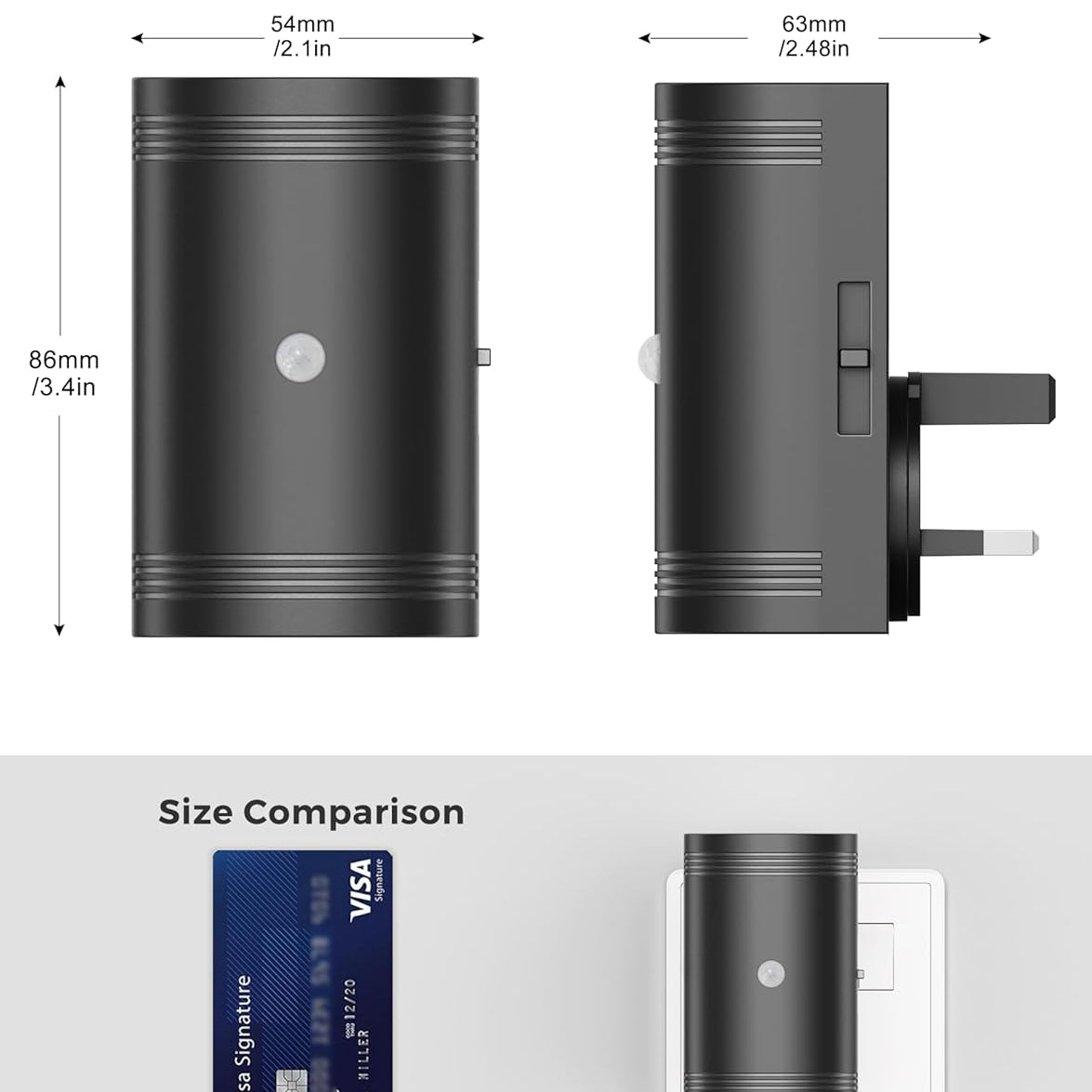Black cylindrical device with dimensions and size comparison to a Visa card on a white background