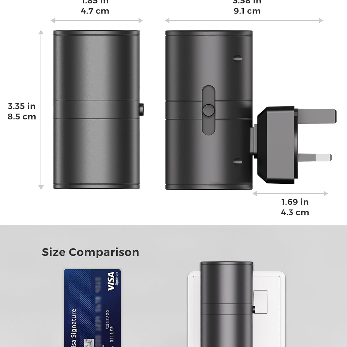 Black electronic device with dimensions and size comparison to a Visa card on a white background
