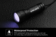 Black flashlight with 'Alpha Lights' branding on a wet surface, highlighting waterproof protection feature.