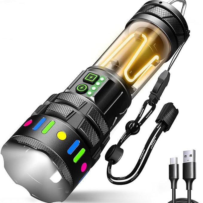 Black flashlight with colorful buttons and USB cable on a white background