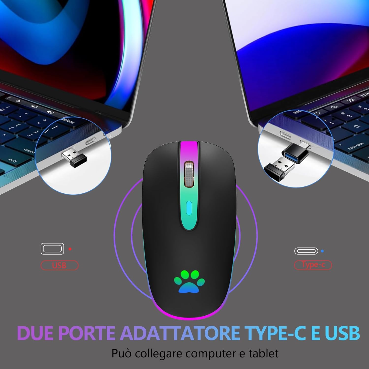 Black gaming mouse with RGB lighting on a gray background with laptop and adapter illustration.
