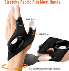 Black glove with stretchy fabric fitting most hands, showing measurements and wrist circumference range.