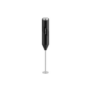 Black handheld milk frother on a white background