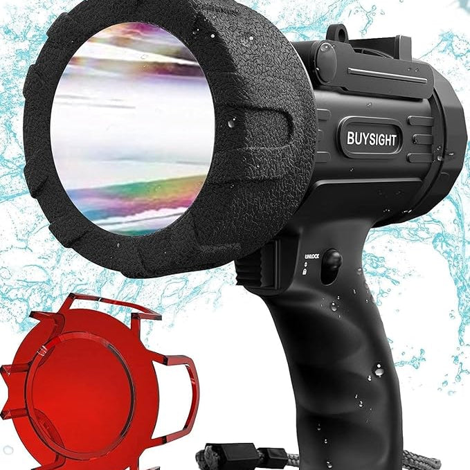 Black handheld spotlight with rainbow effect on a light blue background, featuring the brand 'Buysight'.