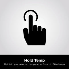 Black icon of a hand pressing a button with text 'Hold Temp' on a gray background