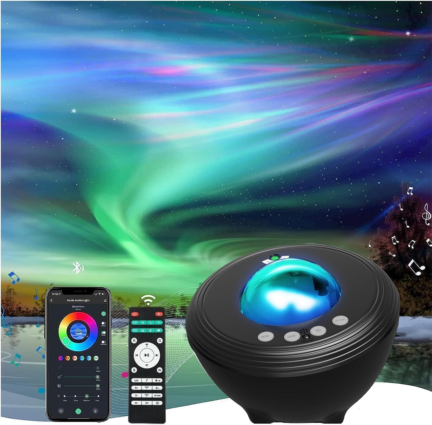 Black light projector with remote control and smartphone app on a scenic background