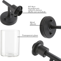 Black metal wall light fixture components with text labels on a white background