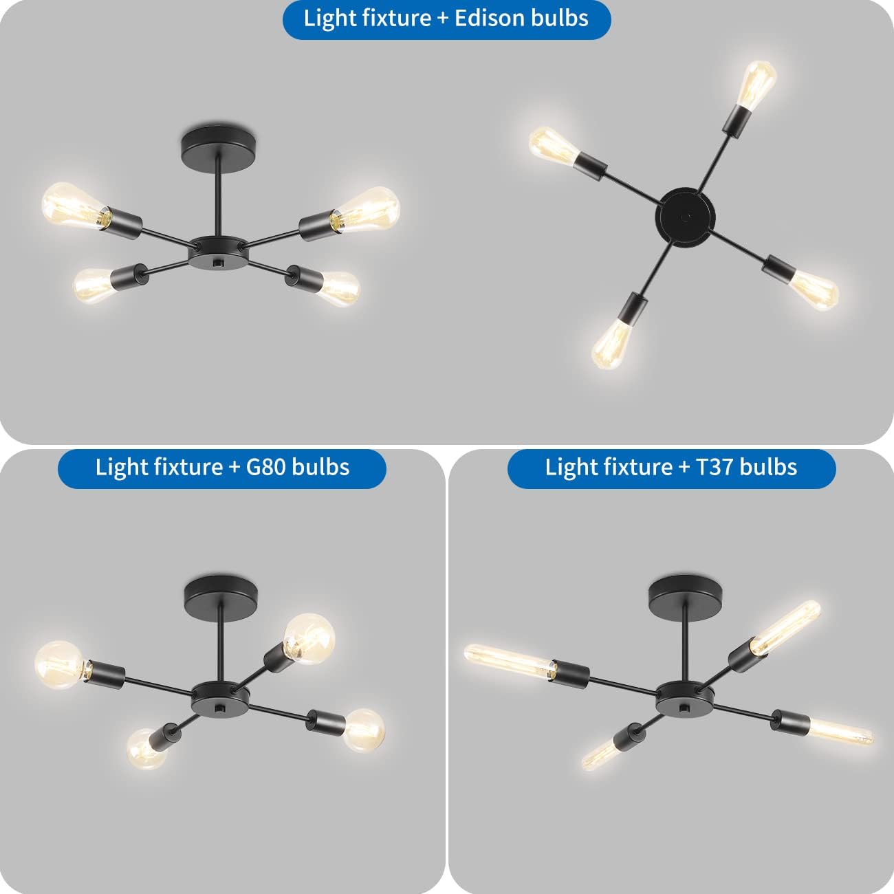 Black modern chandelier with different bulb types on a gray background