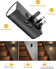 Black motion sensor light switch with UK plug, labeled features, and usage scenarios.