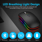 Black mouse with LED breathing light design on a dark surface, featuring Bluetooth, adjustable DPI, rechargeable, USB, and Type-C icons.