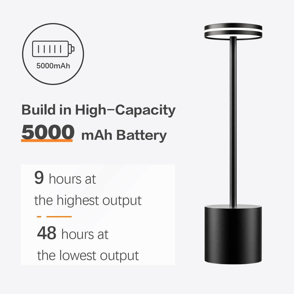 Black outdoor lamp with battery information on a white background