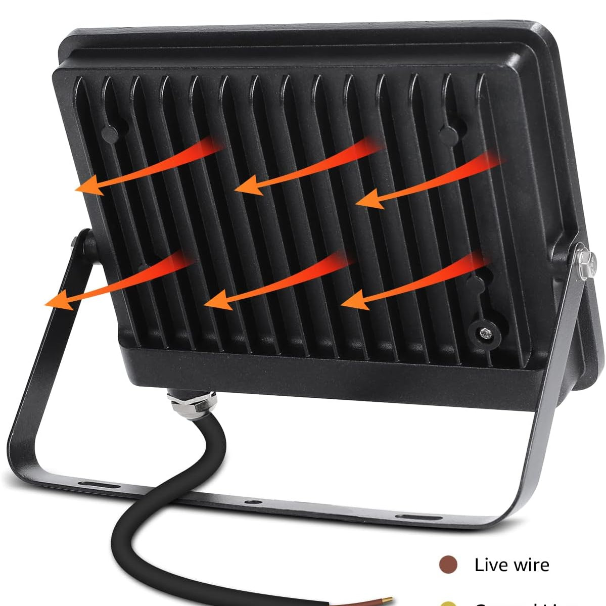 Black outdoor light fixture with heat dissipation arrows and wire diagram on a white background