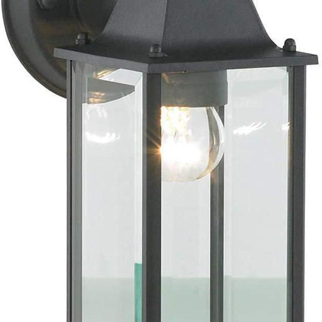 Black outdoor wall lantern with clear glass on a white background