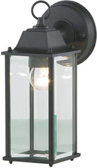 Black outdoor wall light fixture with clear glass shade on a white background