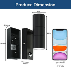 Black outdoor wall light fixture with dimensions shown next to an iPhone 11
