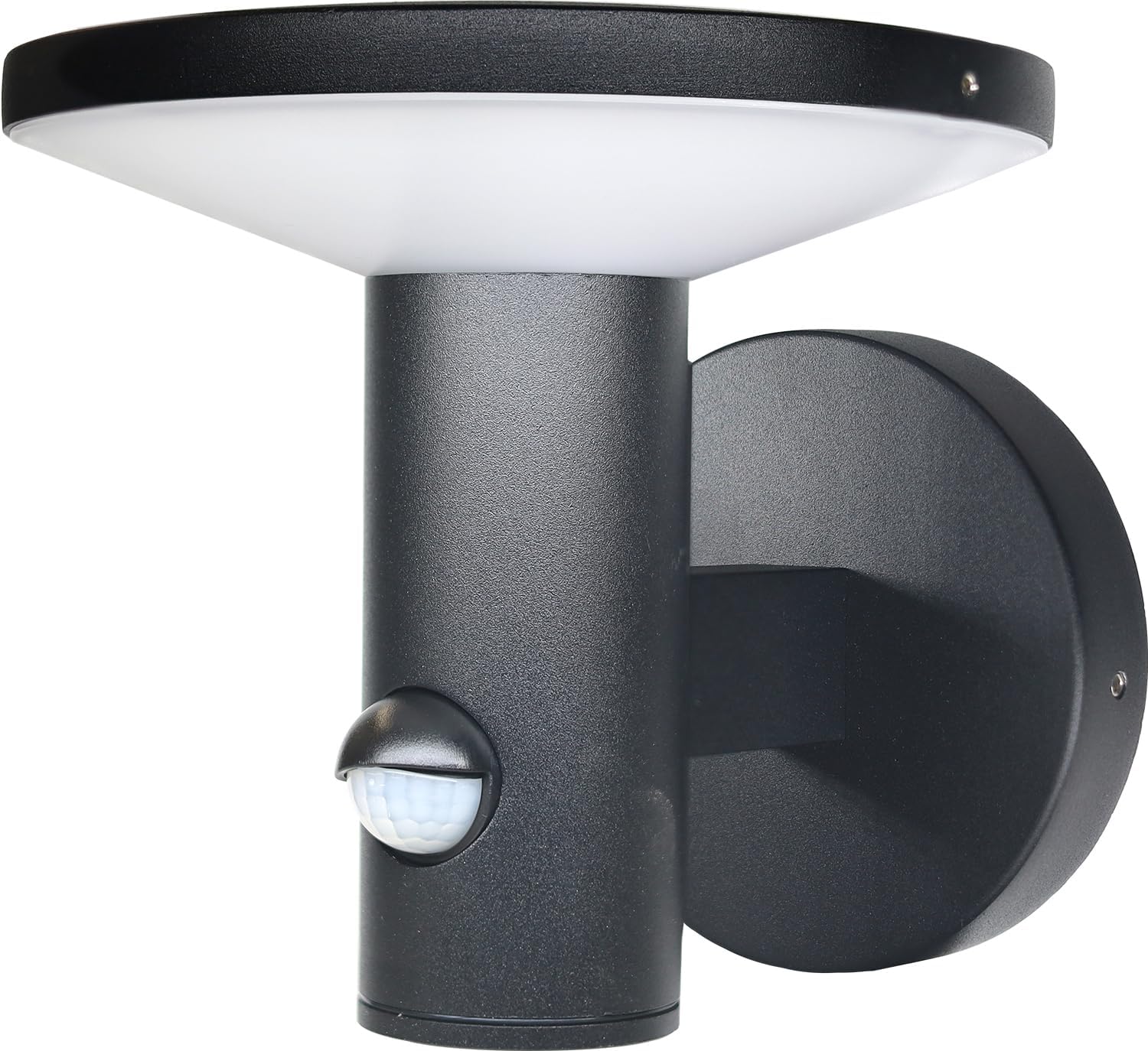 Black outdoor wall light fixture with motion sensor on a white background