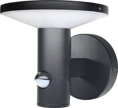 Black outdoor wall light fixture with motion sensor on a white background