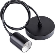 Black pendant light fixture with cable on a white background