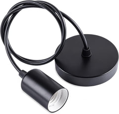 Black pendant light fixture with cable on a white background