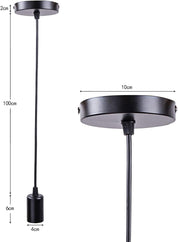 Black pendant light with measurements on a white background