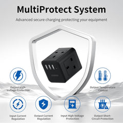 Black power adapter with 'MultiProtect System' features on a white background
