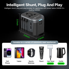Black power adapter with USB ports and dimensions, suitable for various appliances.