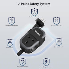 Black power adapter with safety features on a light gray background