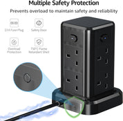 Black power strip with safety features on a white background