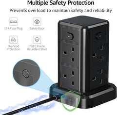 Black power strip with safety features on a white background