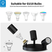 Black spotlight with GU10 bulb adapter and compatibility information on a white background
