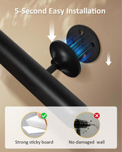 Black towel bar installation on a wall with text '5-Second Easy Installation' and icons indicating strong adhesive and no-damaged wall.