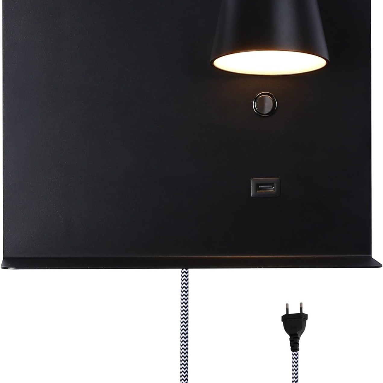 Black wall-mounted lamp with USB port and cable on a white background