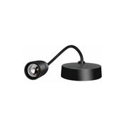 Black wall-mounted lamp with flexible arm on a white background