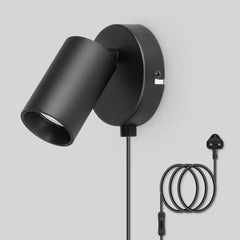 Black wall-mounted lamp with plug on a gray background