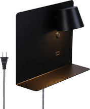 Black wall-mounted lamp with shelf and power cord on a white background