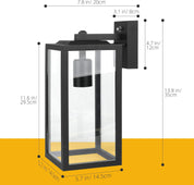 Black wall-mounted lantern with dimensions indicated on a white background