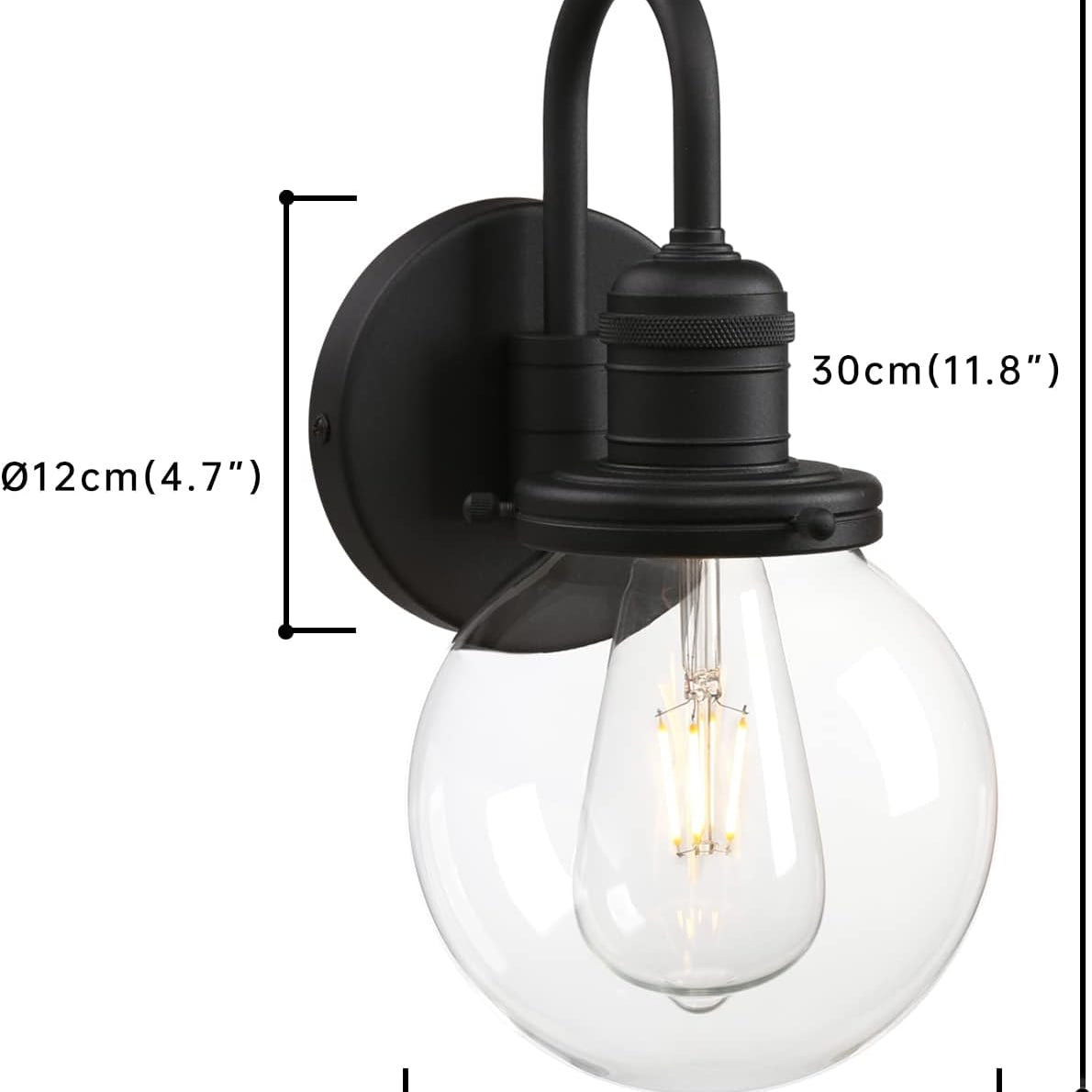 Black wall-mounted light fixture with clear bulb, showing dimensions on a white background
