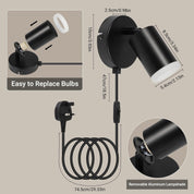 Black wall-mounted light fixture with dimensions and replacement bulb information on a beige background